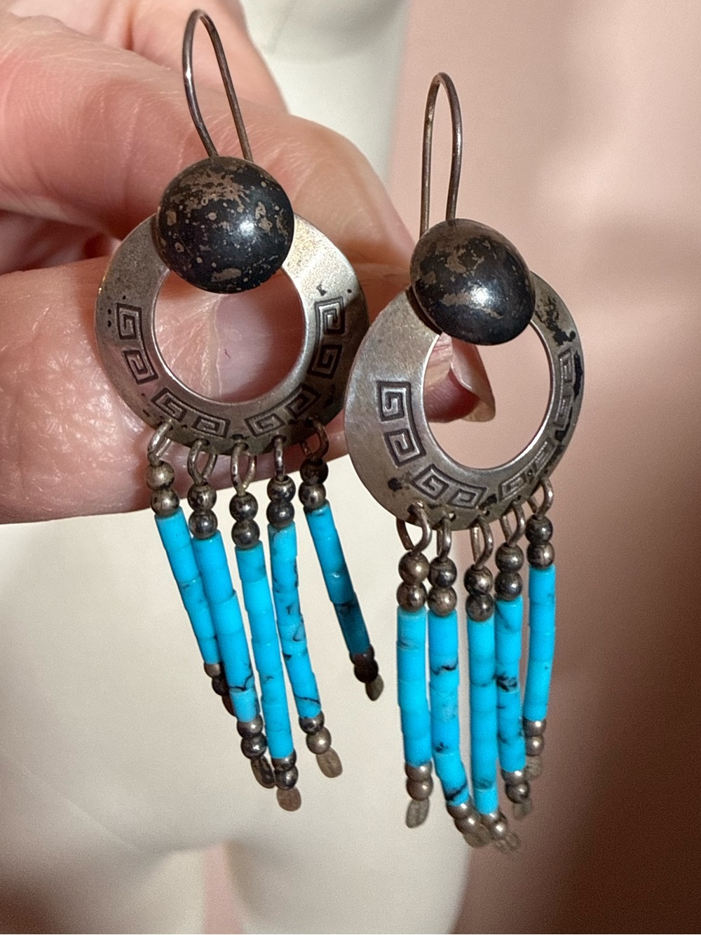Old pawn Native American Sterling Silver turquoise Signed TK Boho Dangle Earring